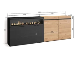 Aparadores para salón, 200x35x75cm, 4 Puertas, Chimenea eléctrica, Roble y negro