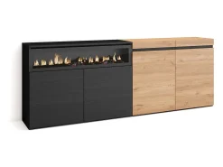Aparadores para salón, 200x35x75cm, 4 Puertas, Chimenea eléctrica, Roble y negro