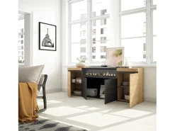 Aparadores para salón, 200x35x75cm, 4 Puertas, Chimenea eléctrica, Roble y negro