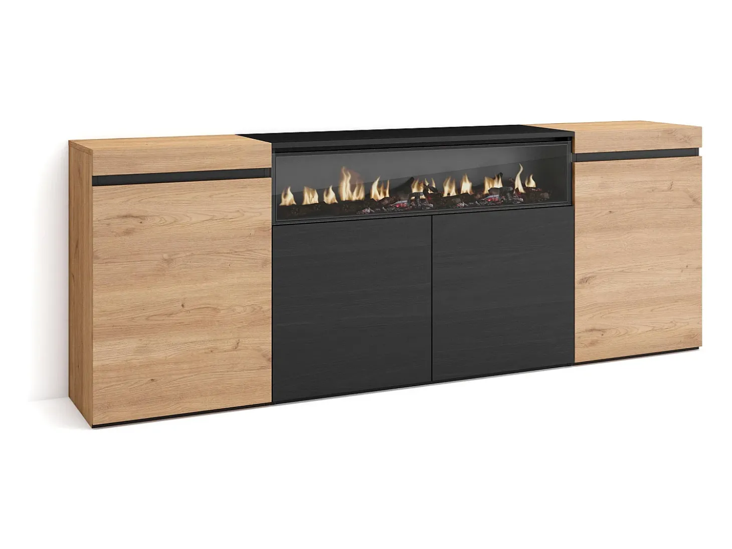 Aparadores para salón, 200x35x75cm, 4 Puertas, Chimenea eléctrica, Roble y negro