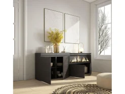 Aparadores para salón, 208x35x75cm, 4 Puertas, Chimenea eléctrica XXL, Negro