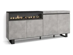 Aparadores para salón, 200x35x87cm, 4 Puertas, Chimenea eléctrica, Diseño industrial, Cemento