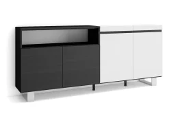 Aparadores para salón, 200x35x87cm, 4 Puertas, Diseño industrial, Blanco y negro