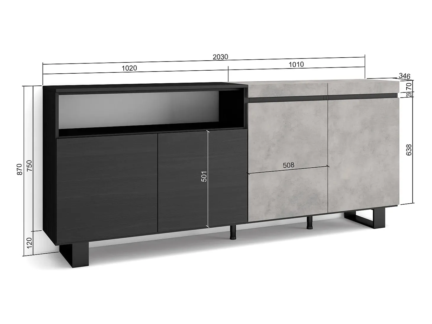 Aparadores para salón, 200x35x87cm, 4 Puertas, Diseño industrial, Cemento