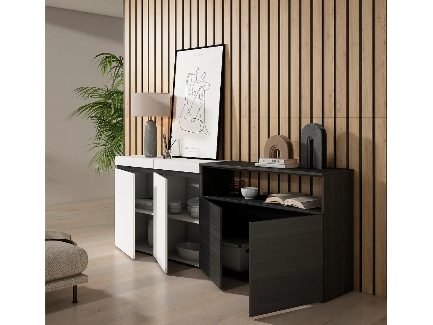 Aparadores para salón, 200x35x75cm, 4 Puertas, Armario, zapatero, Blanco y negro