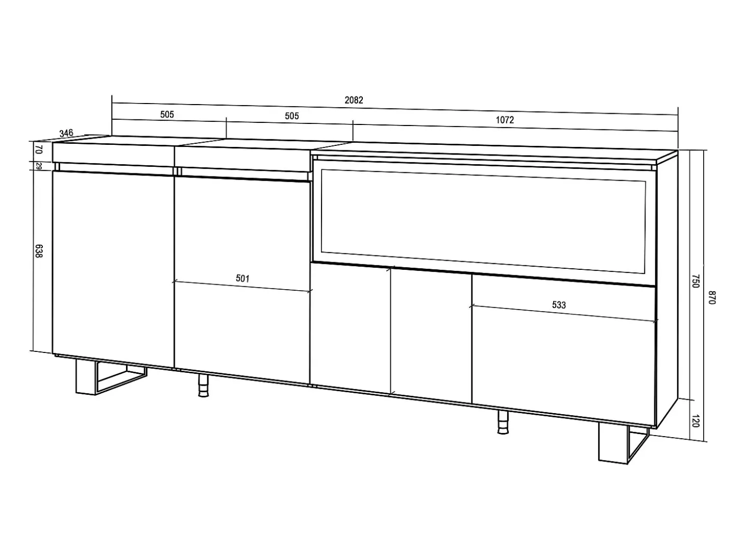 Aparadores para salón, 208x35x87cm, 4 Puertas, Chimenea eléctrica XXL, Diseño industrial, Cemento