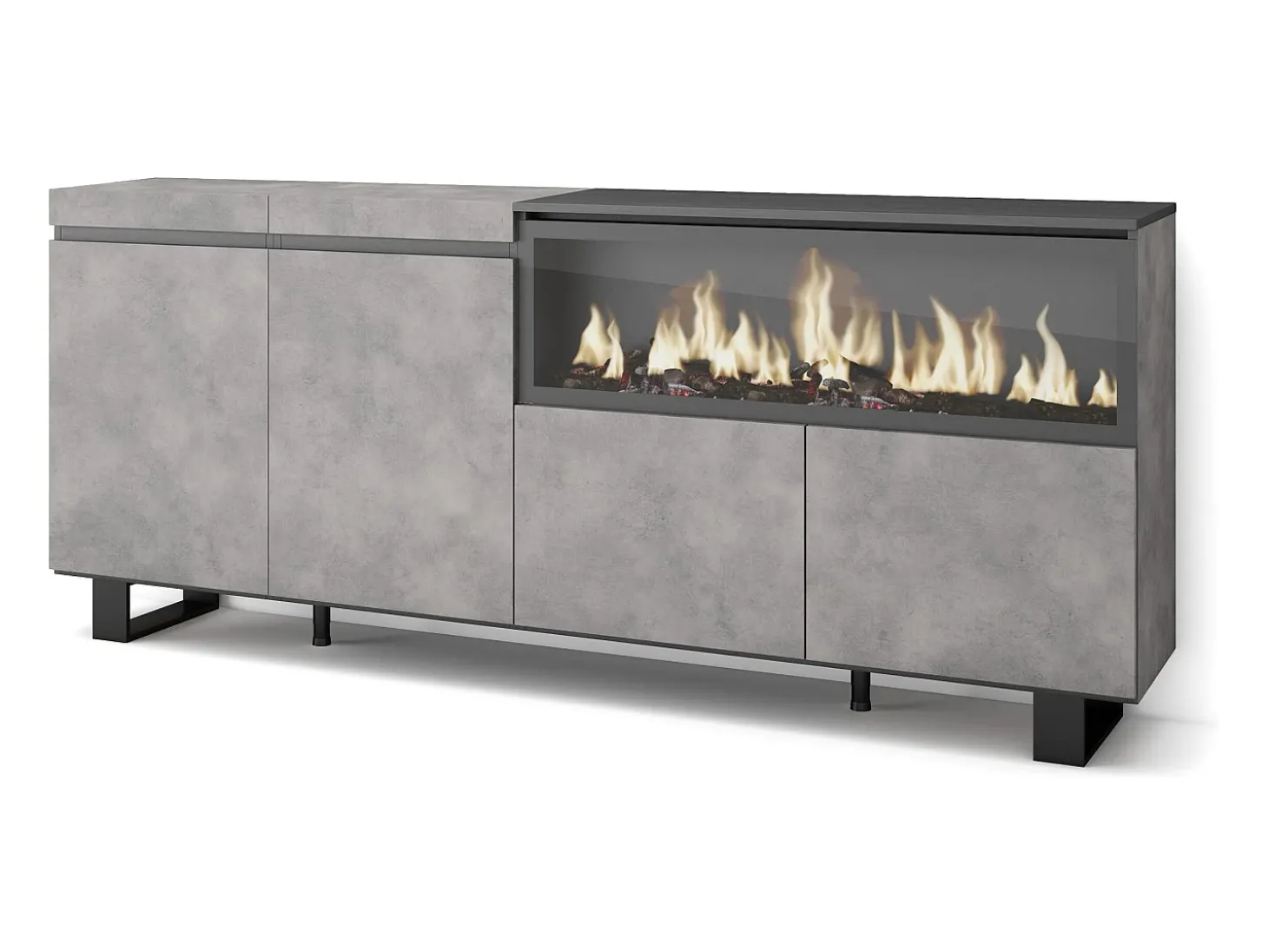 Aparadores para salón, 208x35x87cm, 4 Puertas, Chimenea eléctrica XXL, Diseño industrial, Cemento