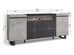 Aparadores para salón, 200x35x87cm, 4 Puertas, Chimenea eléctrica, Diseño industrial, Cemento