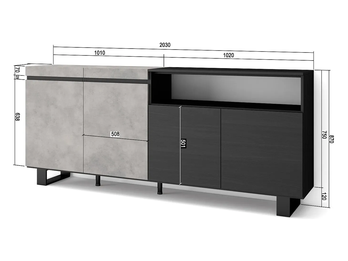 Aparadores para salón, 200x35x87cm, 4 Puertas, Diseño industrial, Cemento