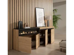 Aparadores para salón, 200x35x75cm, 4 Puertas, Chimenea eléctrica, Roble y negro