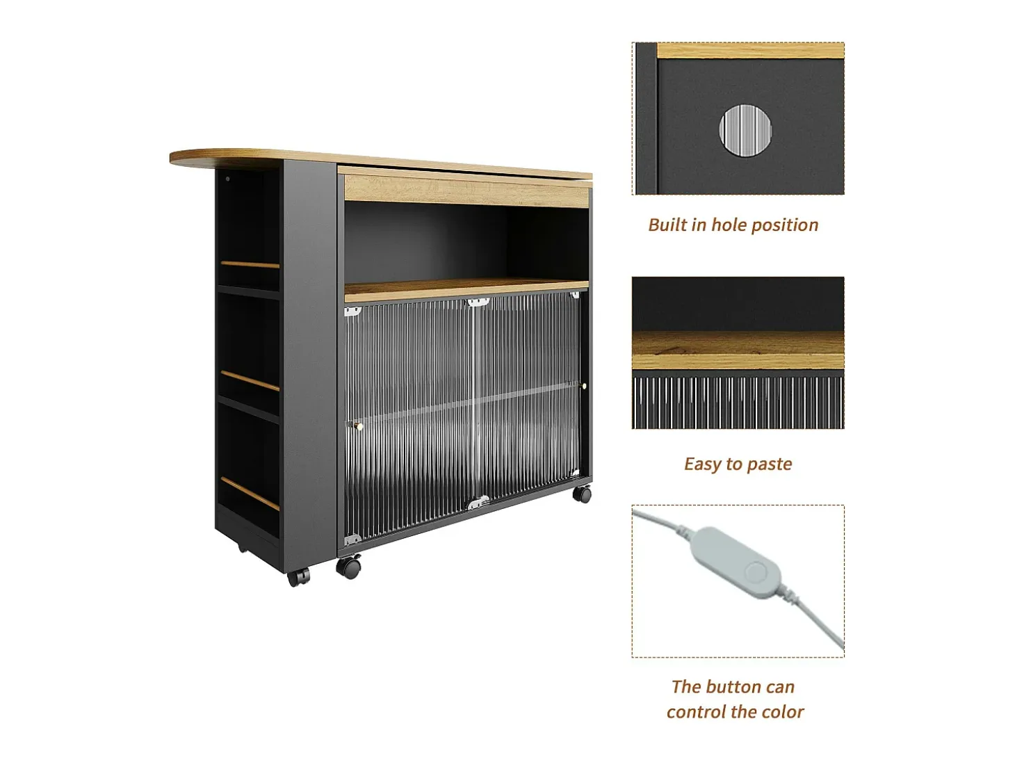Aparador、Mueble bar giratorio y retráctil con LED - compartimentos y especiero - Negro