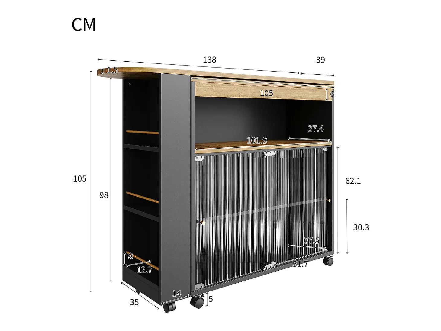 Aparador、Mueble bar giratorio y retráctil con LED - compartimentos y especiero - Negro