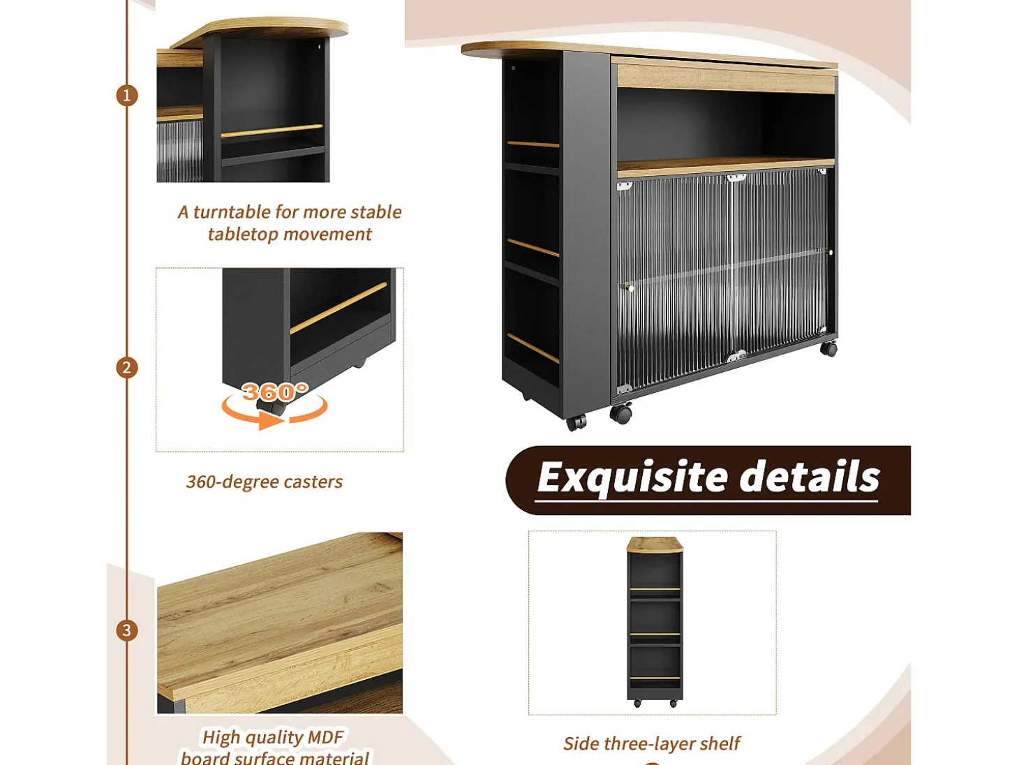 Aparador、Mueble bar giratorio y retráctil con LED - compartimentos y especiero - Negro