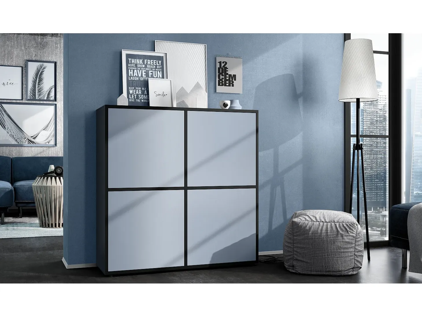 Aramario - Alacena Cuba V2 armario 104 x 105.5 x 35.5 cm armario - alacena con 8 compartimentos, cuerpo en negro mate frentes en Mezclilla mate