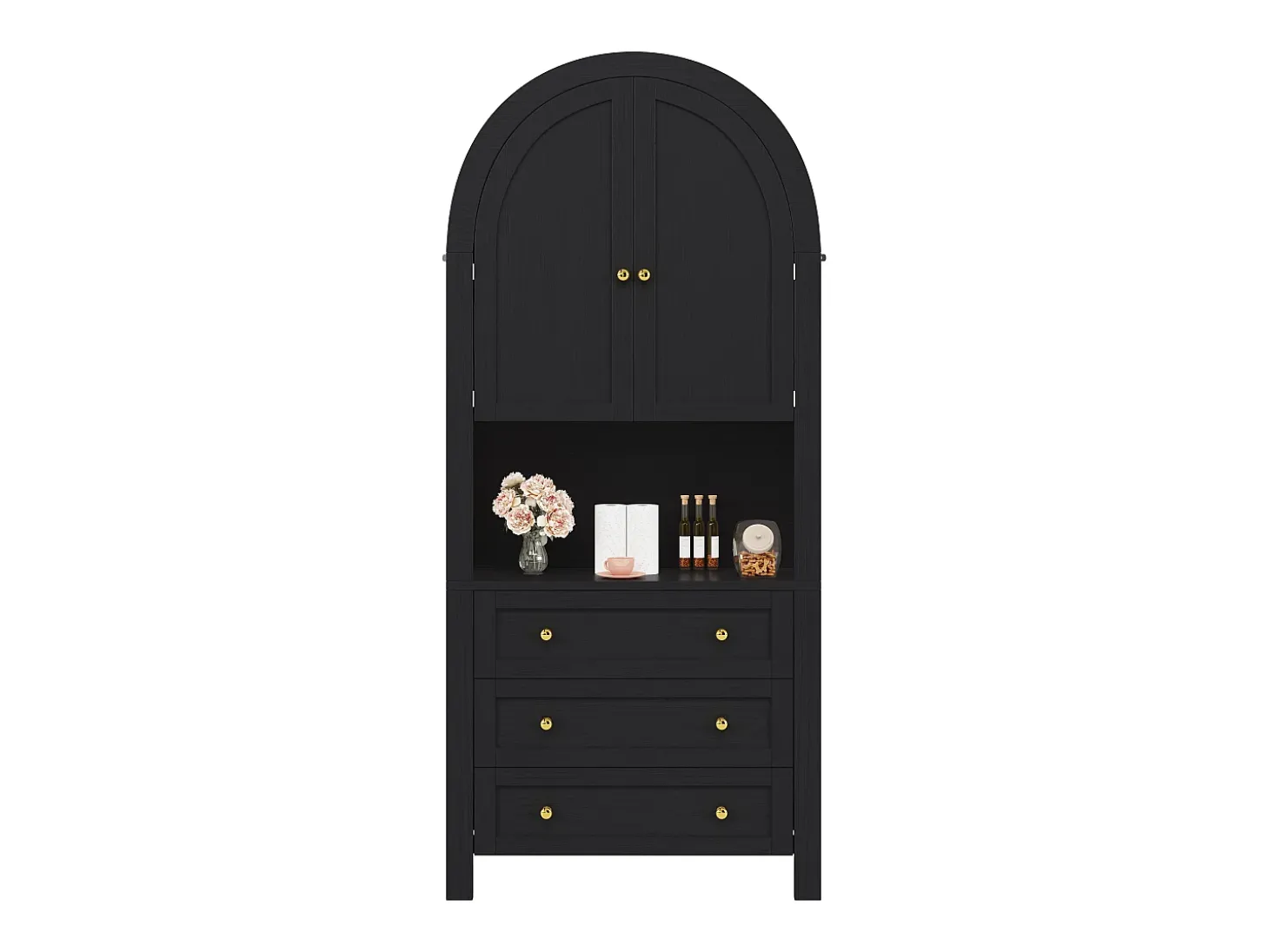 Armario alto con puertas y cajones curvos, estantes abiertos, MDF, negro (70x35x180 cm)