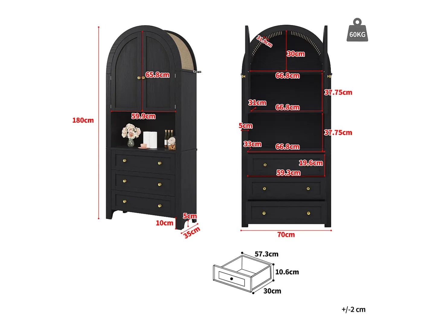 Armario alto con puertas y cajones curvos, estantes abiertos, MDF, negro (70x35x180 cm)