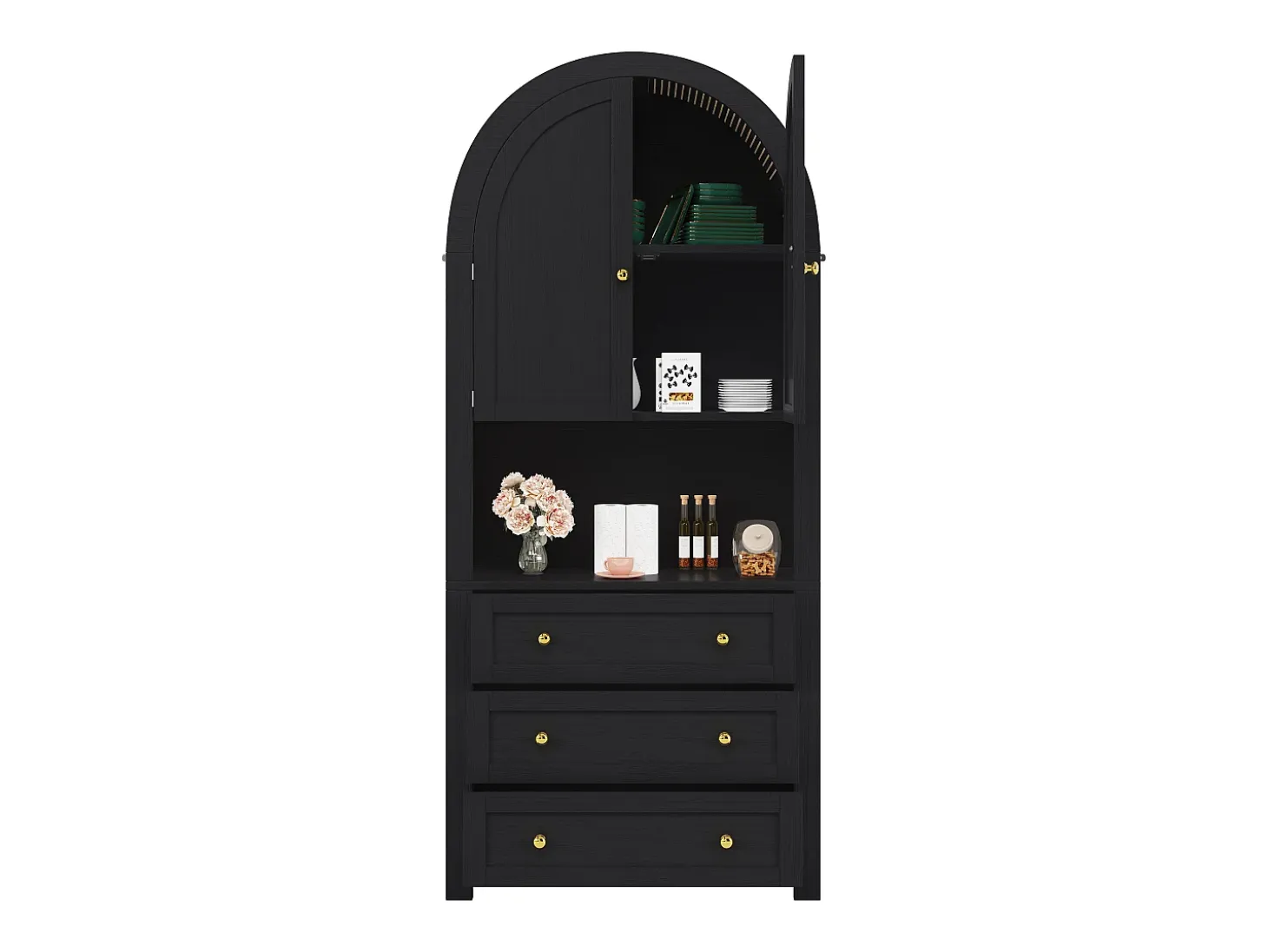 Armario alto con puertas y cajones curvos, estantes abiertos, MDF, negro (70x35x180 cm)