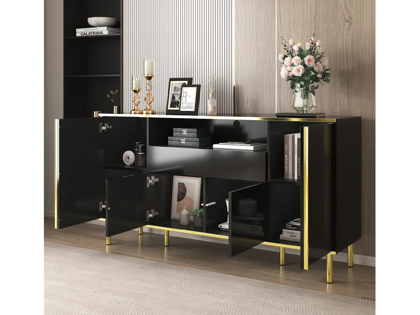 Armario de almacenamiento negro con cuatro puertas y dos cajones, armario moderno con luces LED.
