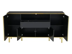 Armario de almacenamiento negro con cuatro puertas y dos cajones, armario moderno con luces LED.