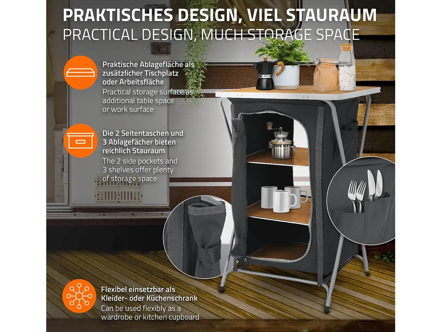 Armario de camping plegable multiusos, carrito de servicio y de viaje con mesa