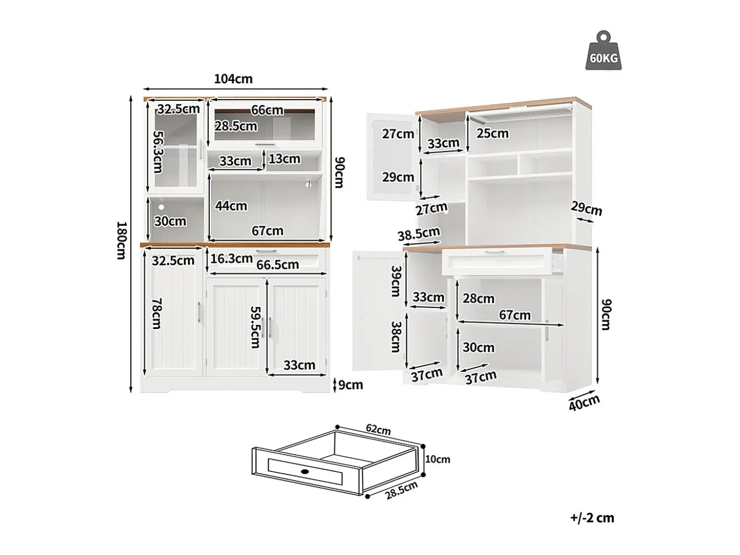 Armario de cocina, mueble alto/expositor con iluminación LED, 104x40x180 cm, blanco