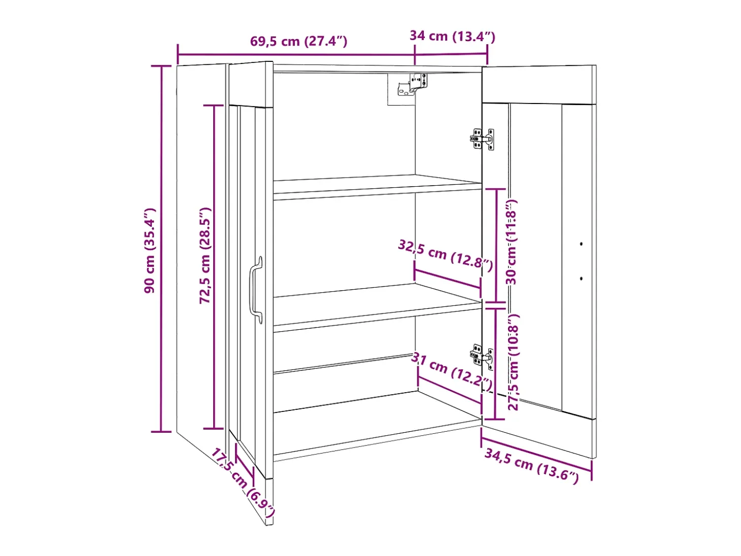 Armario de pared colgante con estante Montaje en pared con almacenaje con puerta Negro 69,5 x 34 x 90 cm