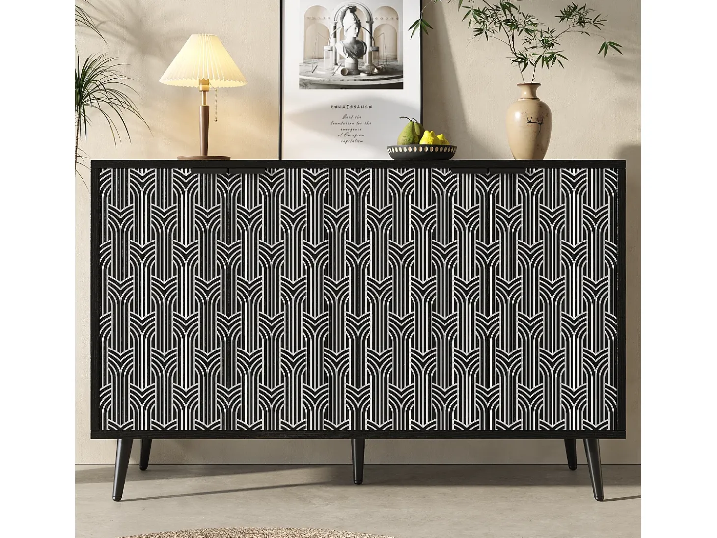 Armario de salle à manger, con puerta en madera esculpida, MDF, negro (120x35x78 cm)