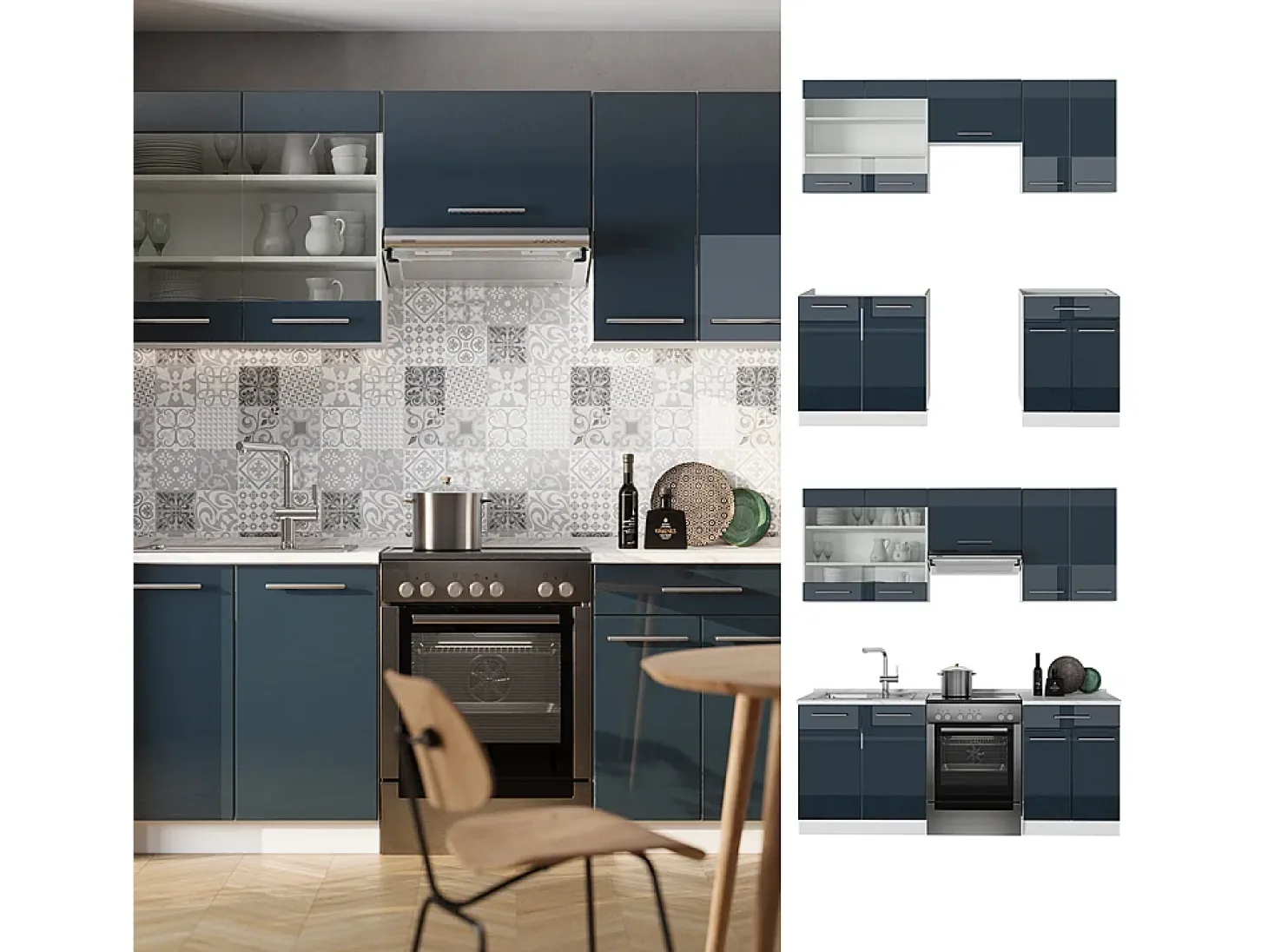 Armarios de cocina azul oscuro alto brillo/blanco 200x46x81.6 fame-line