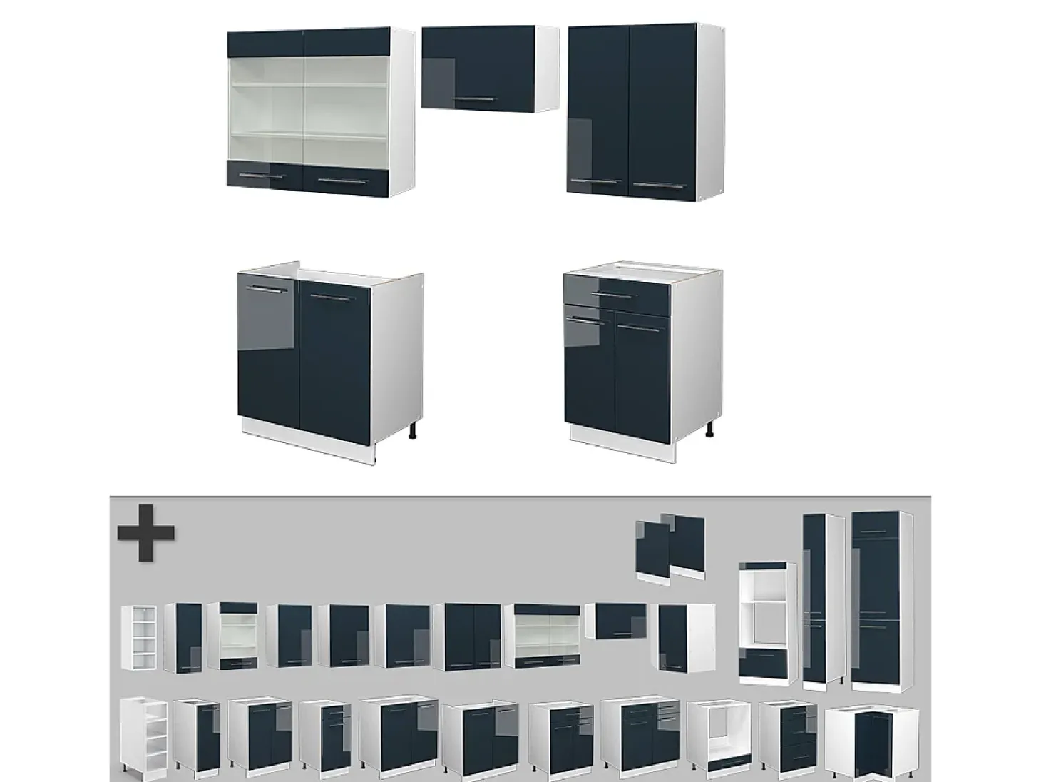 Armarios de cocina azul oscuro alto brillo/blanco 200x46x81.6 fame-line