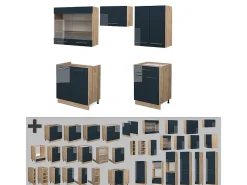 armarios de cocina azul oscuro alto brillo/roble dorado 200x60x81.6 fame-line