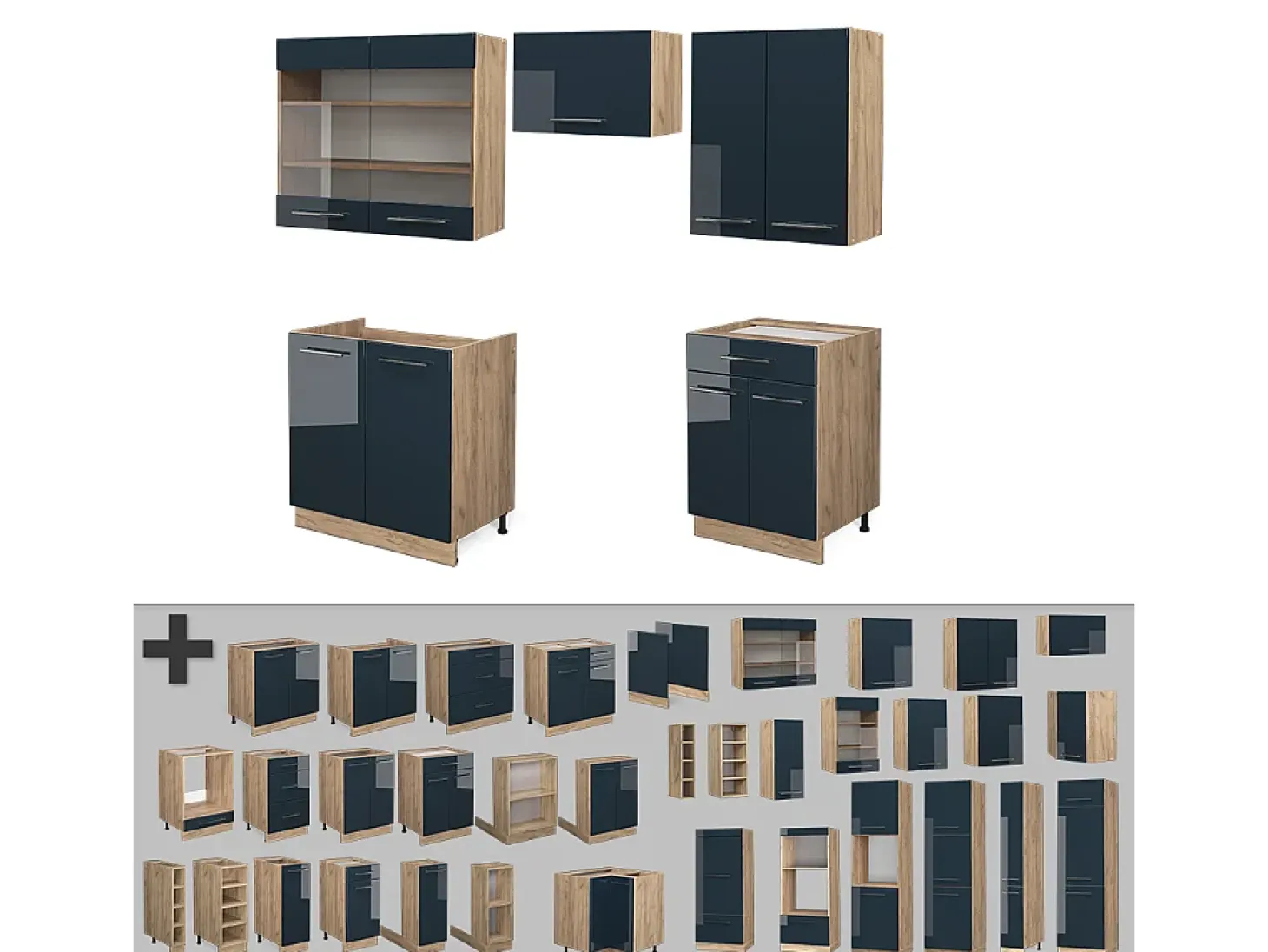 armarios de cocina azul oscuro alto brillo/roble dorado 200x60x81.6 fame-line