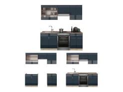 armarios de cocina azul oscuro alto brillo/roble dorado 200x60x81.6 fame-line