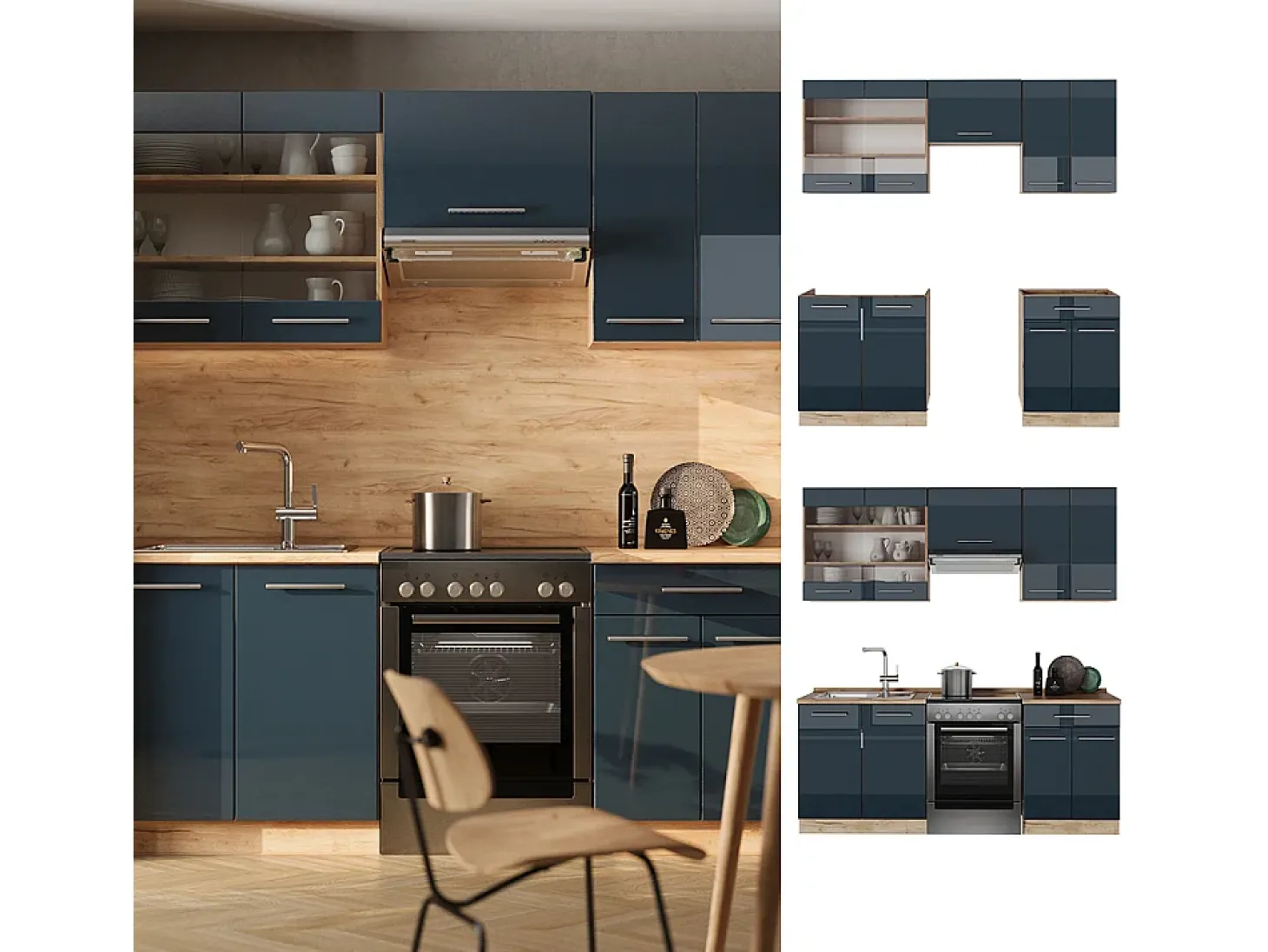 armarios de cocina azul oscuro alto brillo/roble dorado 200x60x81.6 fame-line