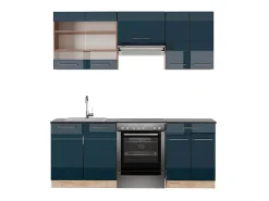 armarios de cocina azul oscuro alto brillo/roble dorado 200x60x81.6 fame-line