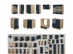 Armarios de cocina azul oscuro alto brillo/roble dorado 190x46x81.6 fame-line