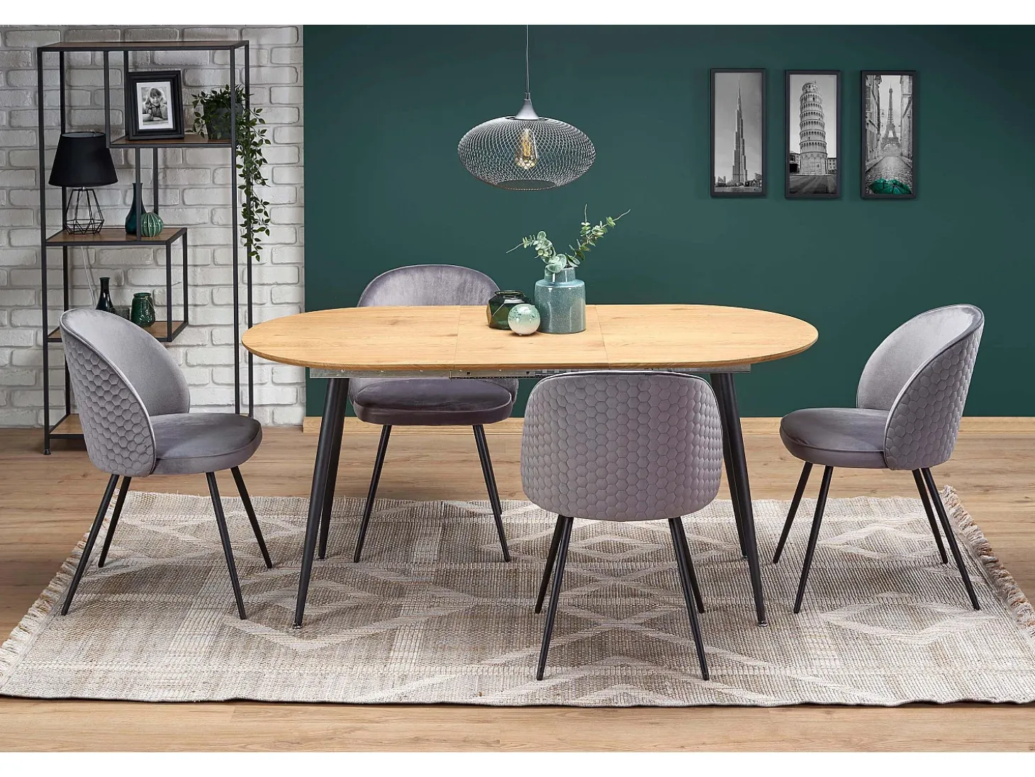 Atlanta Mesa de comedor extensible ovalada de 120-160 cm con tablero de aspecto roble y patas de acero negro