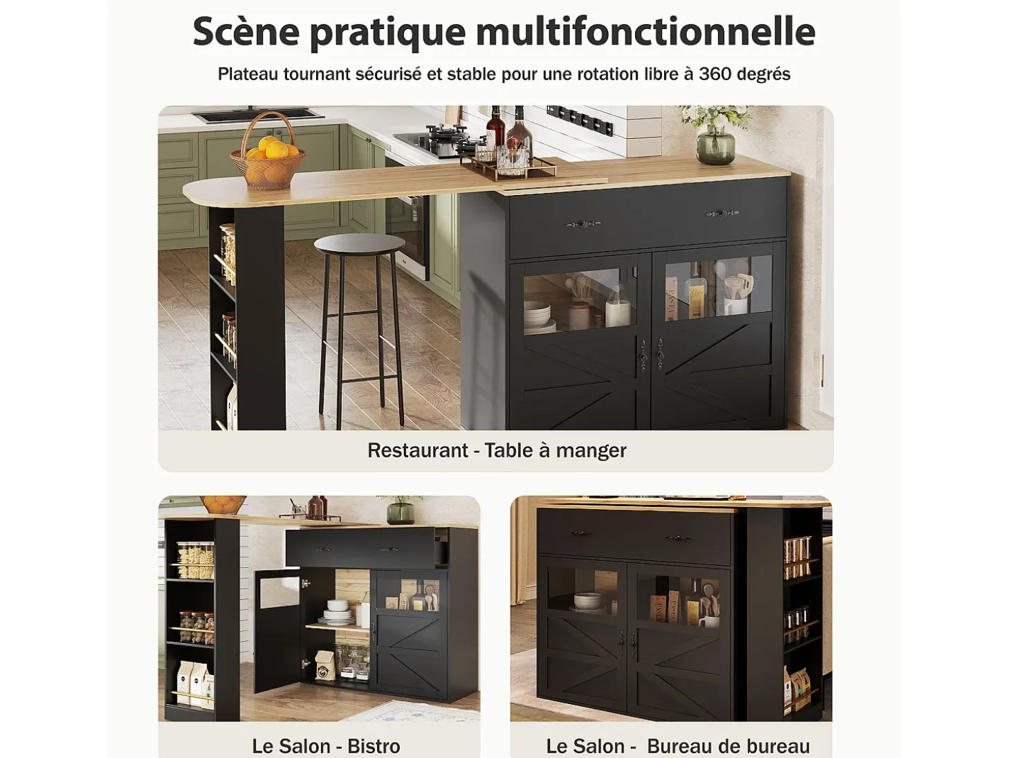 Bar buffet extensible y giratorio 360° con espacio de almacenamiento, 138–204 cm, negro, con estantes