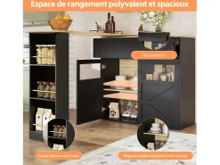 Bar buffet extensible y giratorio 360° con espacio de almacenamiento, 138–204 cm, negro, con estantes