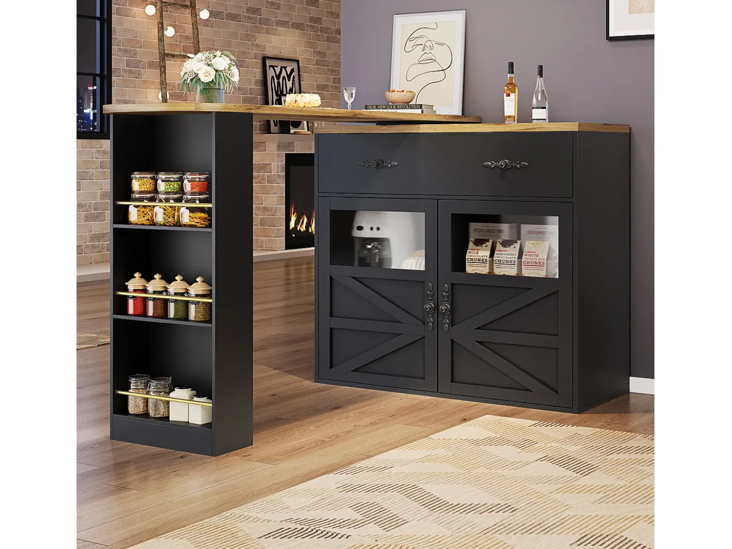 Bar buffet extensible y giratorio 360° con espacio de almacenamiento, 138–204 cm, negro, con estantes