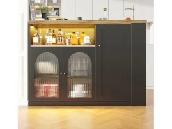 Bar giratorio 360°, 198 x 39,6 x 97 cm, negro, acabado imitación madera, puerta de cristal con iluminación LED