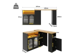 Bar giratorio 360°, 198 x 39,6 x 97 cm, negro, acabado imitación madera, puerta de cristal con iluminación LED