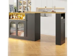 Bar giratorio 360°, 198 x 39,6 x 97 cm, negro, acabado imitación madera, puerta de cristal con iluminación LED
