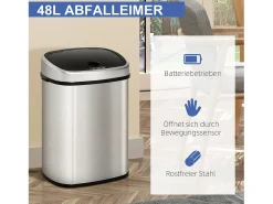 Basurero automático de 48 l con sensor infrarrojo, acero inoxidable, color plateado (40,5 x 29,5 x 57 cm)
