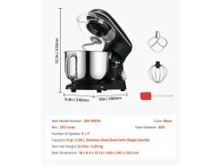 Batidora de Pie SucceBuy, Batidora Eléctrica de 5.68L y 1400 W con Cuenco de Acero Inoxidable, Gancho, Batidor, Mezclador, Raspador, Negro