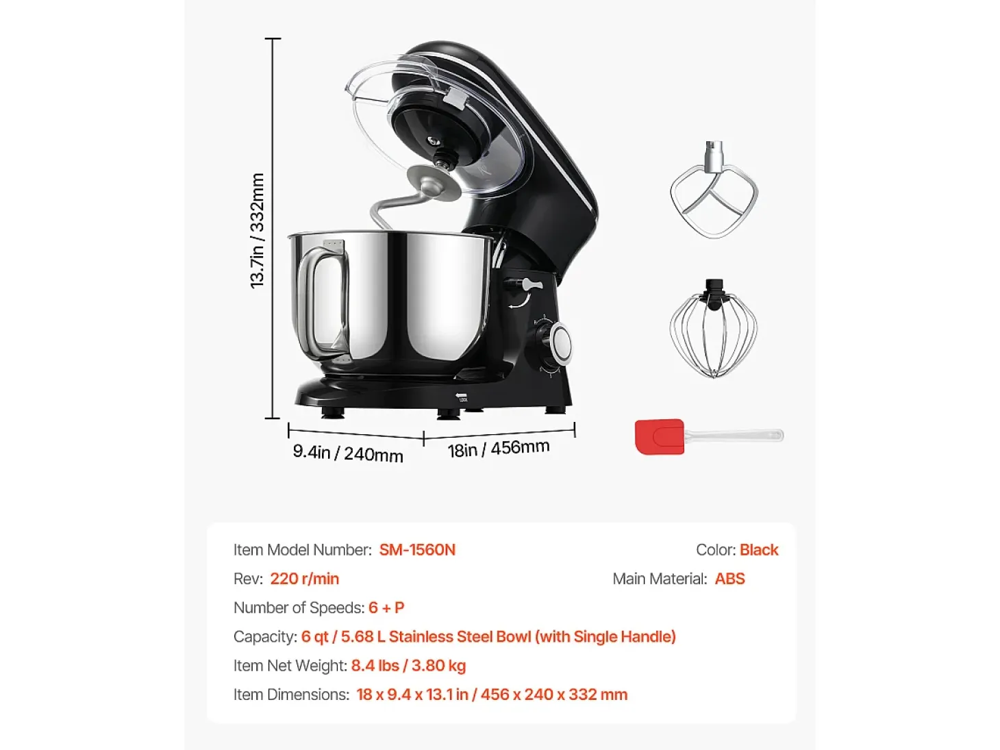 Batidora de Pie SucceBuy, Batidora Eléctrica de 5.68L y 1400 W con Cuenco de Acero Inoxidable, Gancho, Batidor, Mezclador, Raspador, Negro