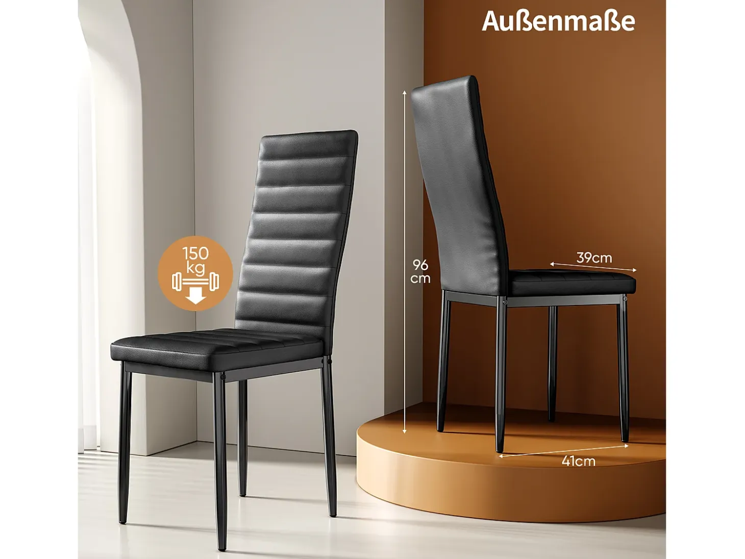 Bealife 4 Sillas de Comedor - Juego de 4 Sillas de Cocina con Asiento Acuchillado en Cuero Sintético, Patas de Metal y Topes Antideslizantes Negro