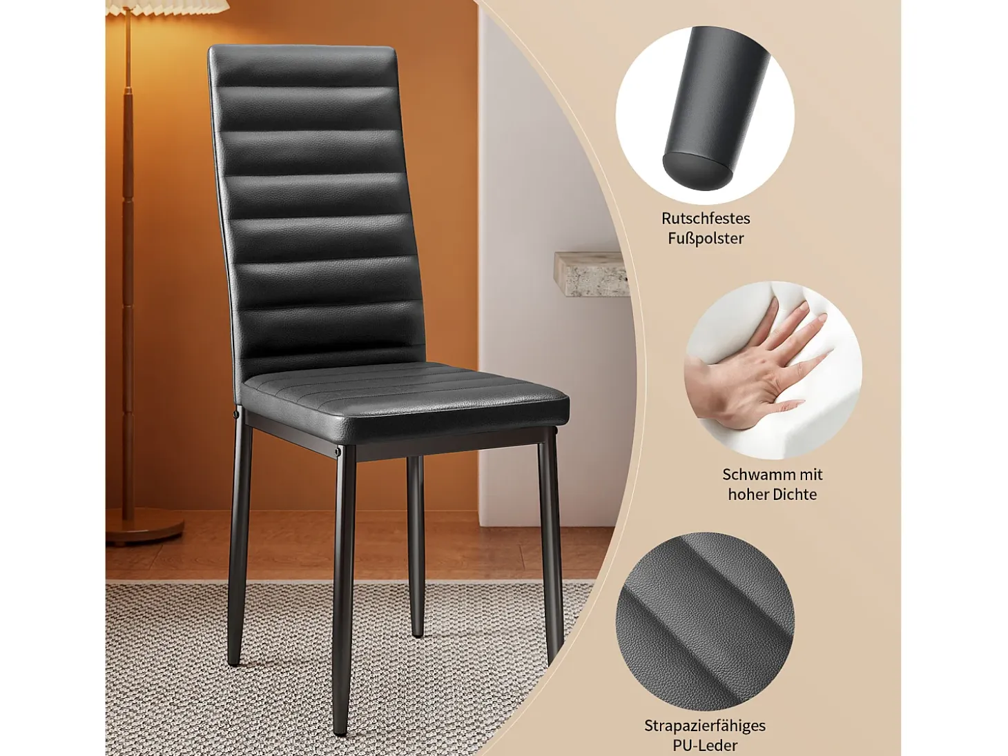 Bealife 4 Sillas de Comedor - Juego de 4 Sillas de Cocina con Asiento Acuchillado en Cuero Sintético, Patas de Metal y Topes Antideslizantes Negro