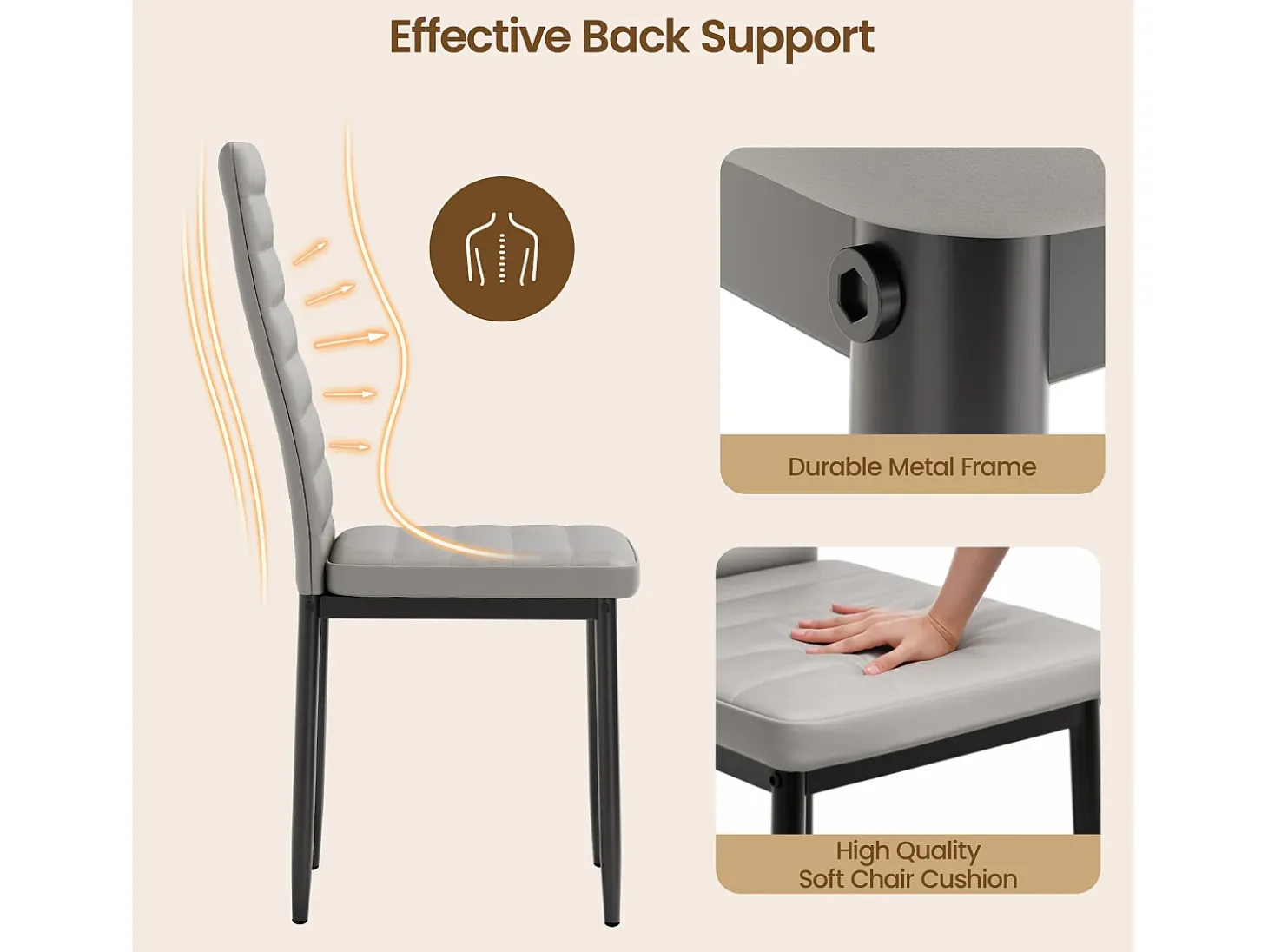 Bealife Juego de 4 Sillas de Comedor con Asiento Acolchado en Cuero Sintético, Patas de Metal y Base Antideslizante en Gris