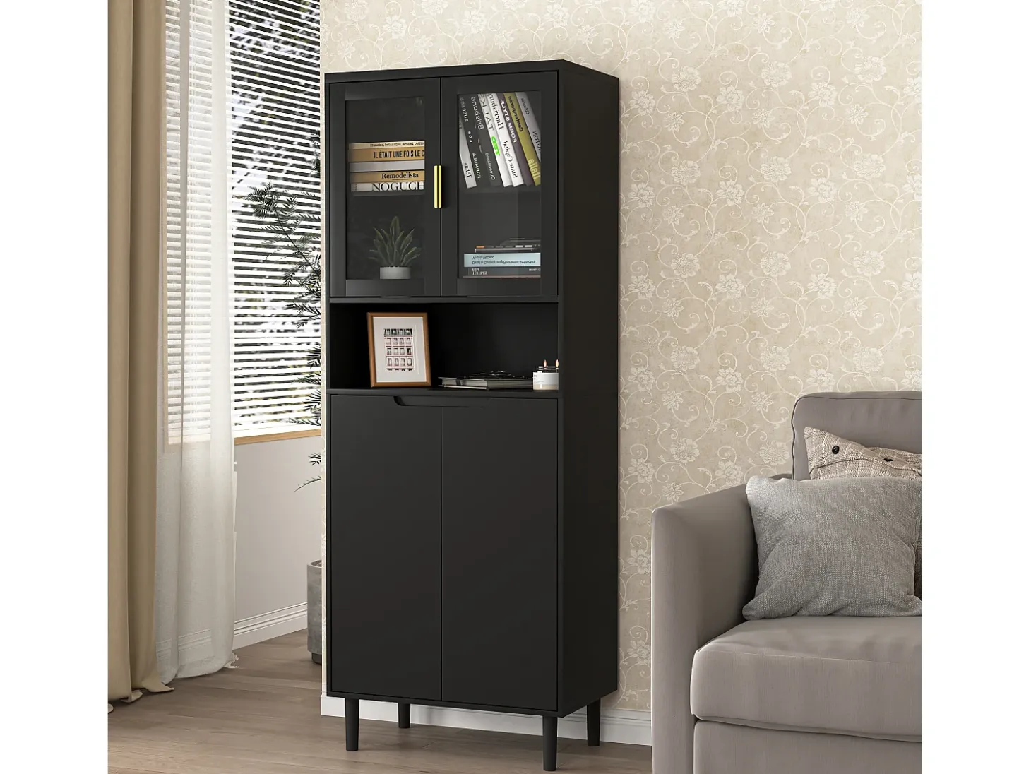 Biblioteca con puertas trempé y estantes regulables, MDF lacado, negro (60x35x160 cm)
