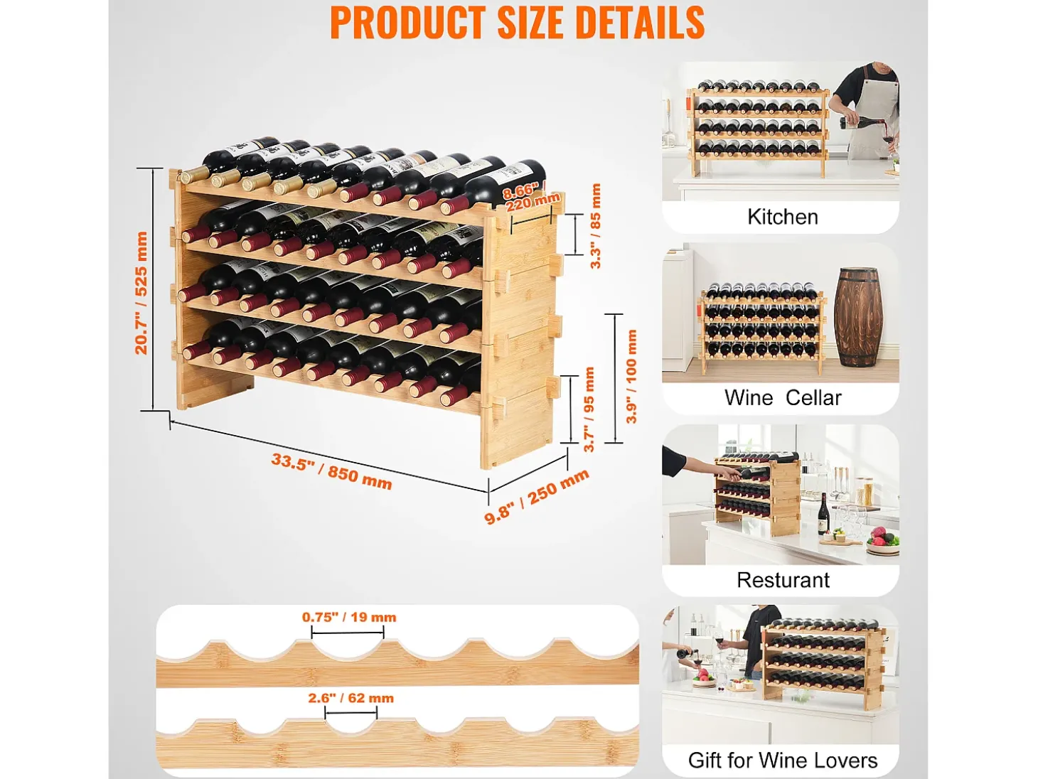 Botellero Apilable SucceBuy de 4 Niveles para 36 Botellas, de Madera de Bambú Natural